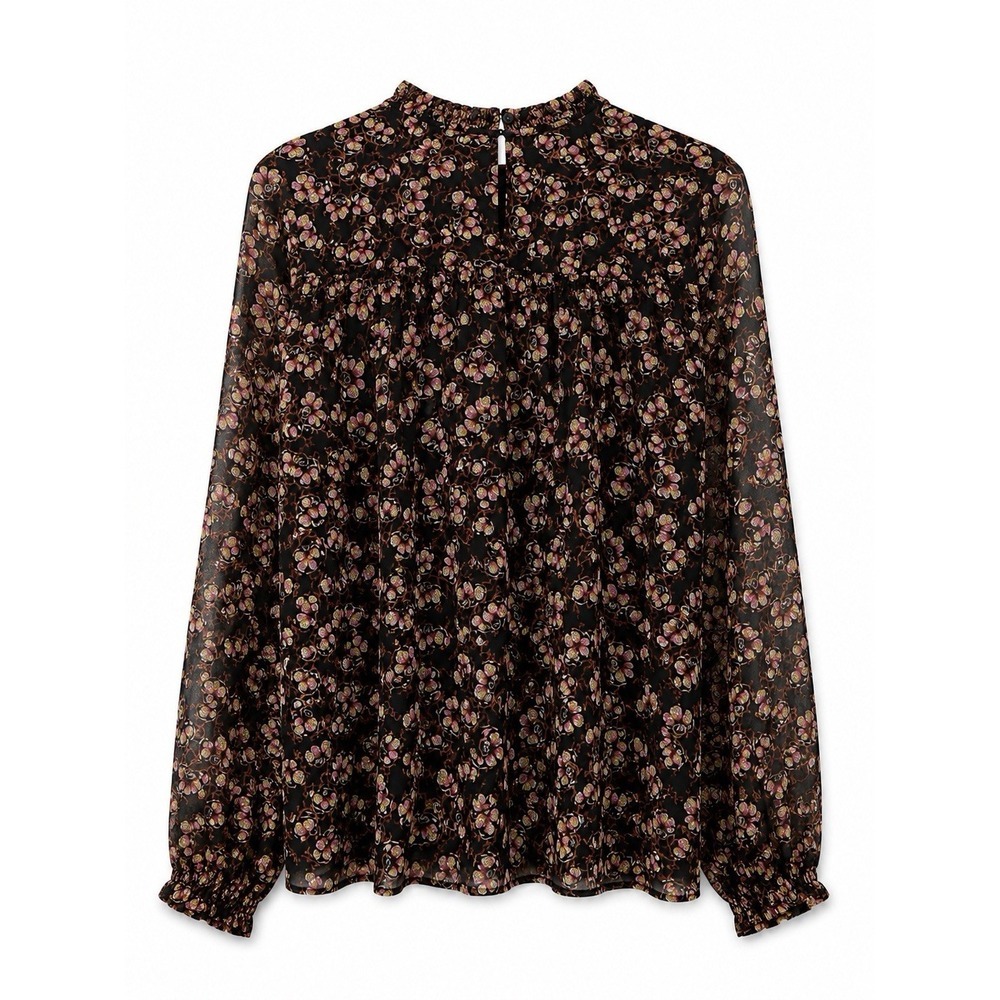 LOFT Floral Long Sleeve Pleated Mock Neck Blouse Women's Medium Black - Picture 6 of 7